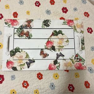 VTG TRAY WOOD Floral and Butterfly Decorative Tray - Iron Antique Handles - Feet